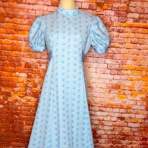 Vintage 70s  Blue Handmade Groovy Flower Power Maxi Dress